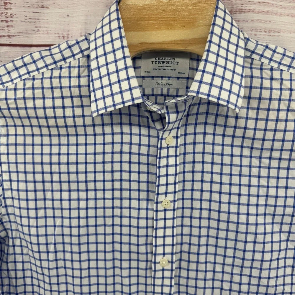 Charles Tyrwhitt Dress Shirt  Mens XL 17/35 Non Iron Blue White Tattersall Check